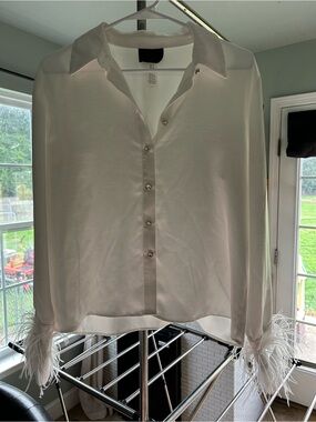 White Feather Cuff Button-Up Blouse